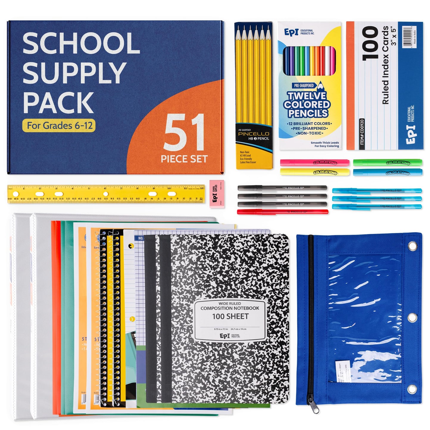 EPI Essentials Back to School Supplies for Kids 6th-12th Grade – 51 Items in Kit – Middle to High School Supply Packs – College-Ruled Bundle with Composition Notebooks – Suitable for Homeschooling