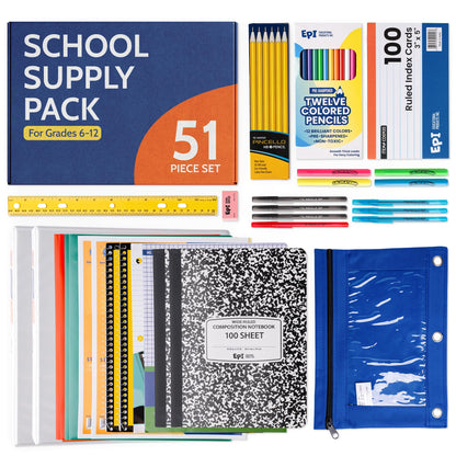 EPI Essentials Back to School Supplies for Kids 6th-12th Grade – 51 Items in Kit – Middle to High School Supply Packs – College-Ruled Bundle with Composition Notebooks – Suitable for Homeschooling