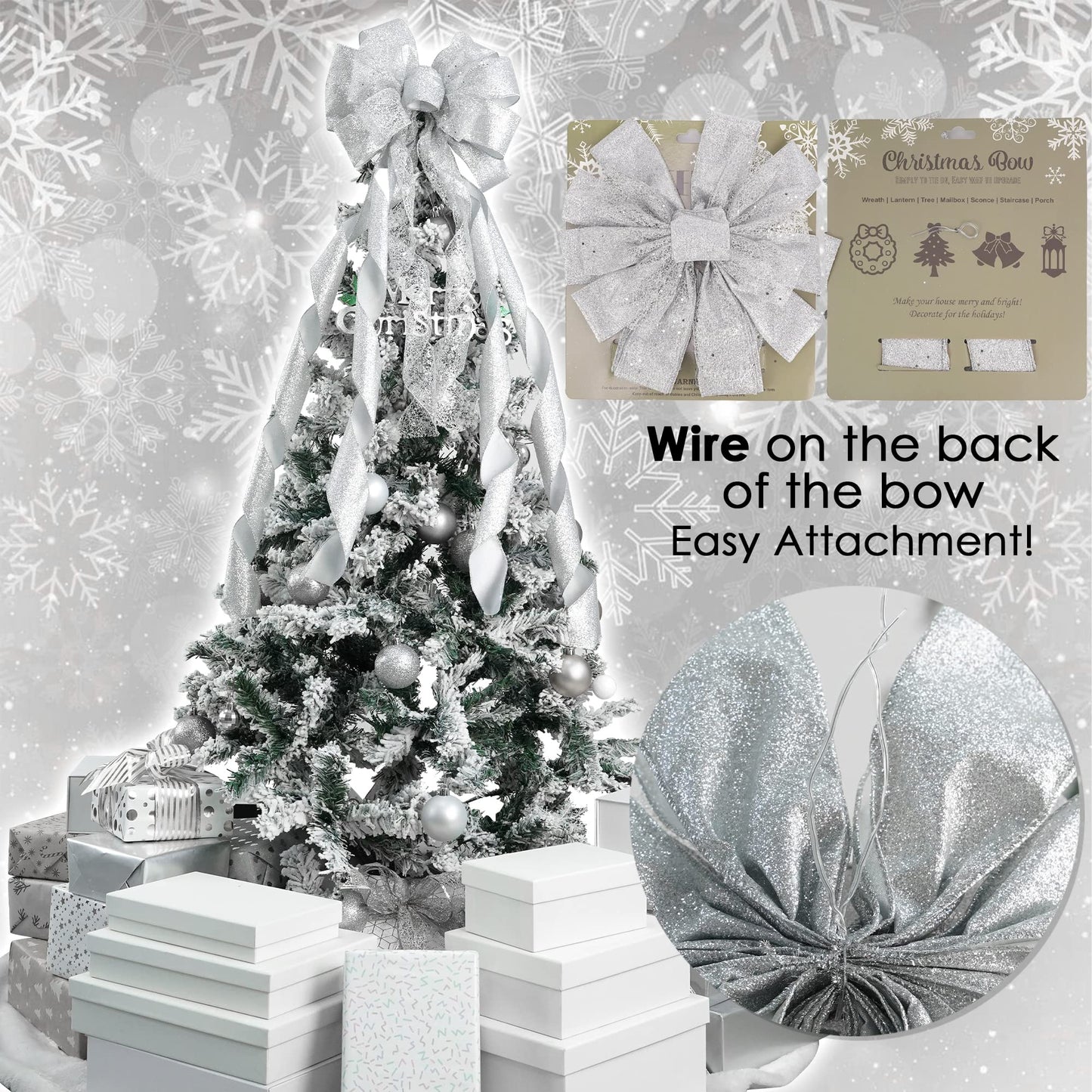 MEEDEE Silver Christmas Tree Topper Silver Glitter Christmas Bows 12" Wide Snowflake Ribbon Bow Silver Christmas Bows Silver Tree Topper Silver Bows for Christmas Tree (1 Pack)