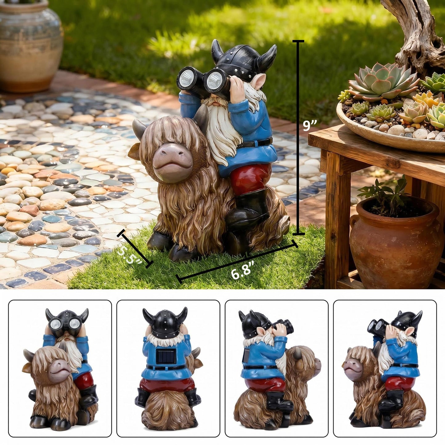 Joint Honglin Solar Garden Statues Resin Gnome Sitting on Highland Cow Outdoor Telescope Gnome Decorations Yard Ornament for Patio Lawn Balcony, Unique Housewarming Birthday Gifts for Mom Dad