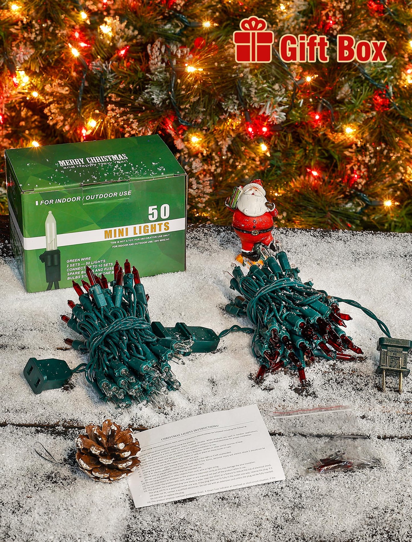 Hopolon Christmas Lights Indoor Outdoor, 2 Pack 13 FT 50 Count Incandescent Mini String Light, Green Wire Christmas Tree Lights Waterproof for Holiday Wedding Valentine's Day Decor, Red and Clear