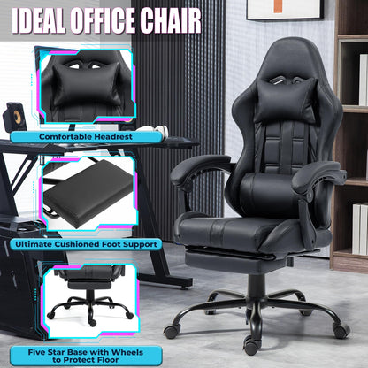 Massage Gaming Chair w/Footrest, Ergonomic High Back PC Chair w/Headrest and Lumbar, PU Swivel Home Desk Office Chair, Black