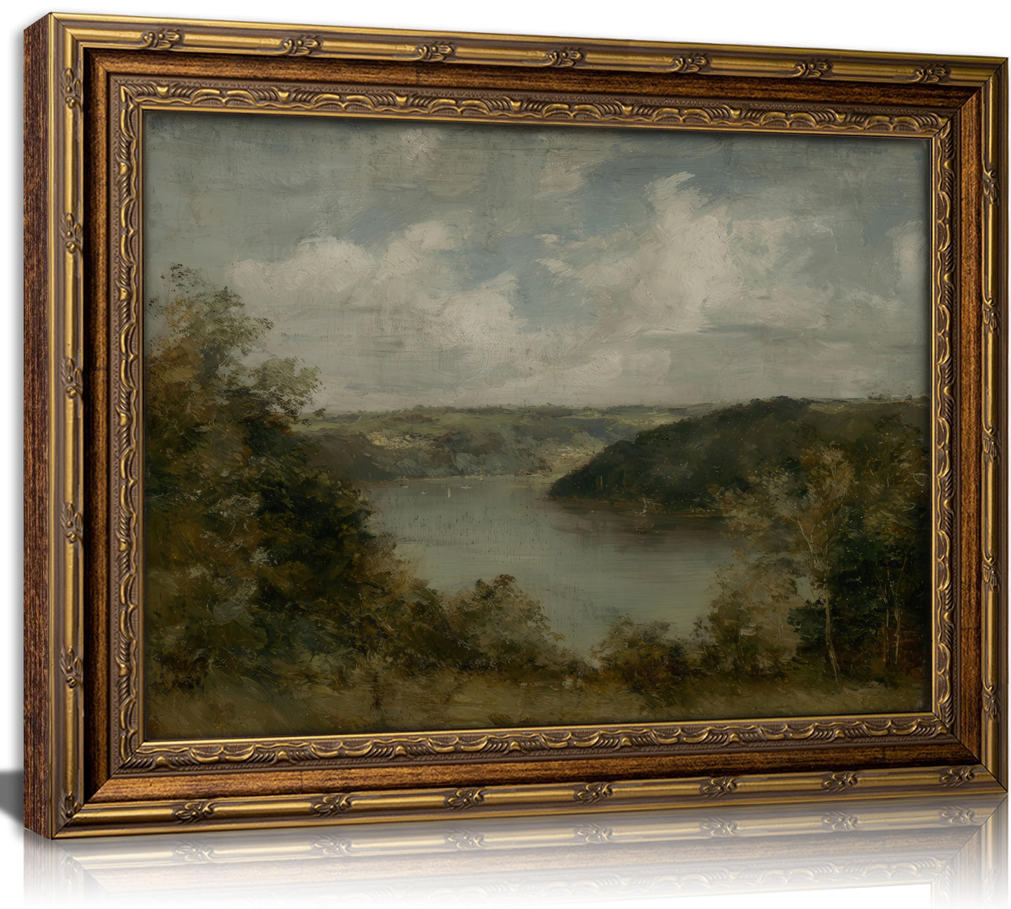 KKP Vintage Gold Framed Lake Wall Art, Gloomy River Painting Canvas Prints