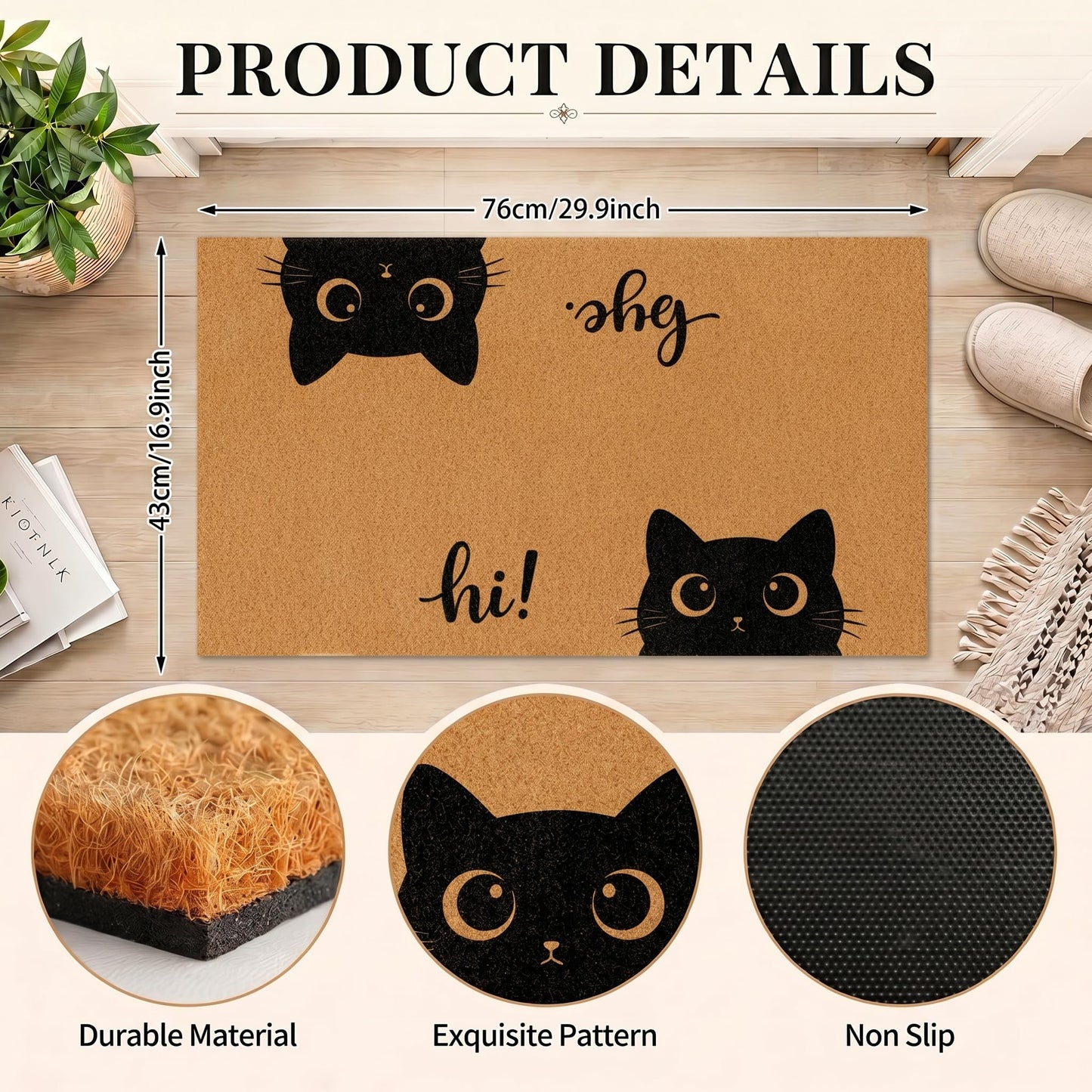 2 Pcs Funny Cat Front Door Mat and Wreath Set Cute Black Cat Faux Coir Doormat and 19" Artificial Greenery Wreath with Plaid Bow Welcome Outside Decor for Porch Entryway