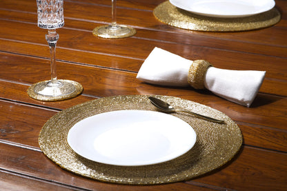 Penguin Home Handcrafted Glass Beaded Round Placemats, Coasters & Napkin Rings Set of 18 - Handmade Table Place Mats for Dining - 32 cm (13") Diameter (Gold)
