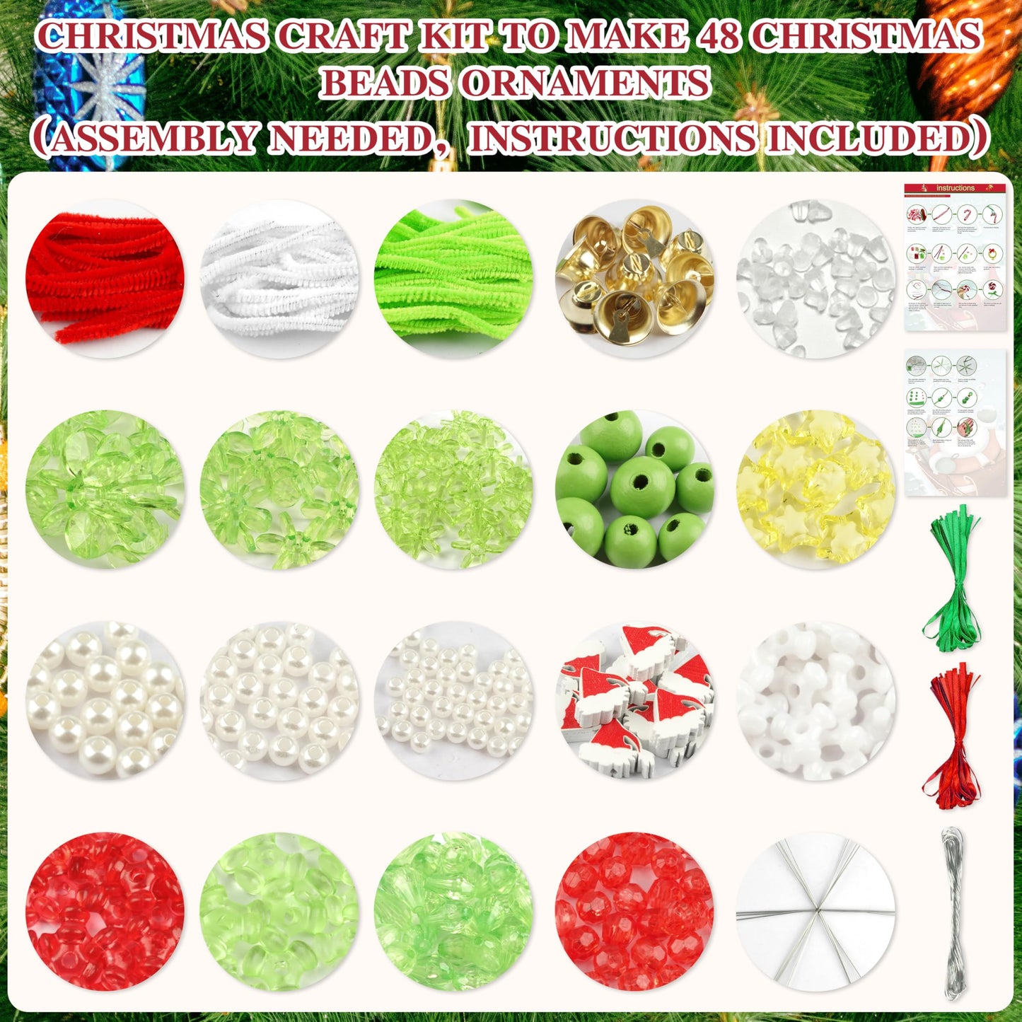 72 PCS Christmas Crafts DIY Beaded Ornaments Kits for Adults with 6 Styles - Green Monster, Tree, Wreath, Candy Cane, Lollipop, Snowflake for Winter Holiday Christmas Tree Decor