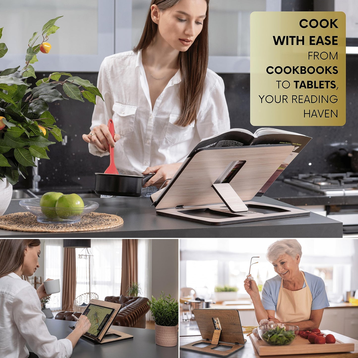 Vigo Wood Book Stand, Book Holder, Reading Stand, Cookbook Holder, Recipe Book Stand, Wooden Book Stands for Reading, Cookbook Stand for Kitchen, Book Holder for Reading in Bed (Walnut)