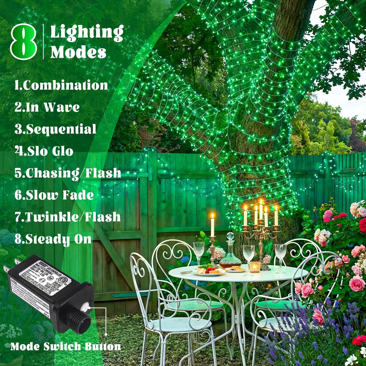 100FT 300 LED Outdoor String Lights, Plug in Connectable Christmas Lights Indoor Waterproof, 8 Modes Clear Wire String Lights for Outside Bedroom Xmas Tree Garden Patio Halloween Decorations, Green