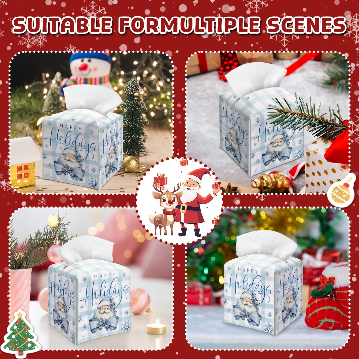 Happy Holidays Box Cover Square, Santa Claus Blue Checkered Decorative Tissue Box Holder, Waterproof Leather Tissues Boxes Dispenser for Bathroom, Office, Car, Bedroom Nightstand, Home Decor