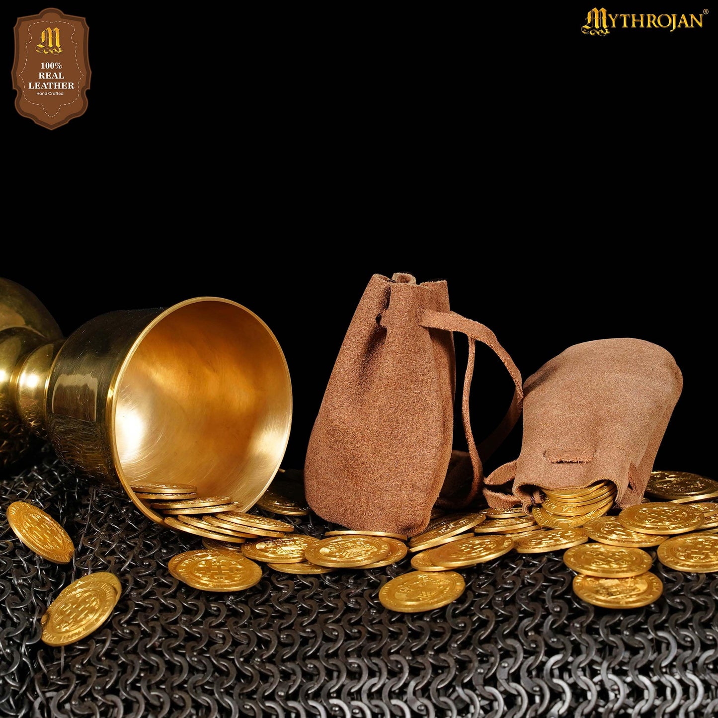 Mythrojan Small Trinket Pouches Pack of 4, Suede Leather Drawstring Coin & Dice Bags for LARP, SCA, Viking & Medieval Events Color : Brown