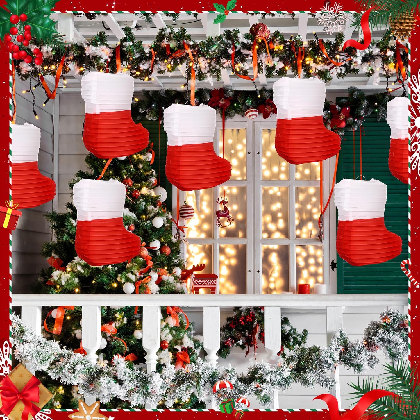Hortsun 12 Pcs Christmas Paper Lanterns Christmas Stocking Paper Lanterns 8 Inch Red White Xmas Stocks Honeycomb Foldable Hanging Lantern for Xmas New Year Holiday Party Indoor Outdoor Hanging Decor