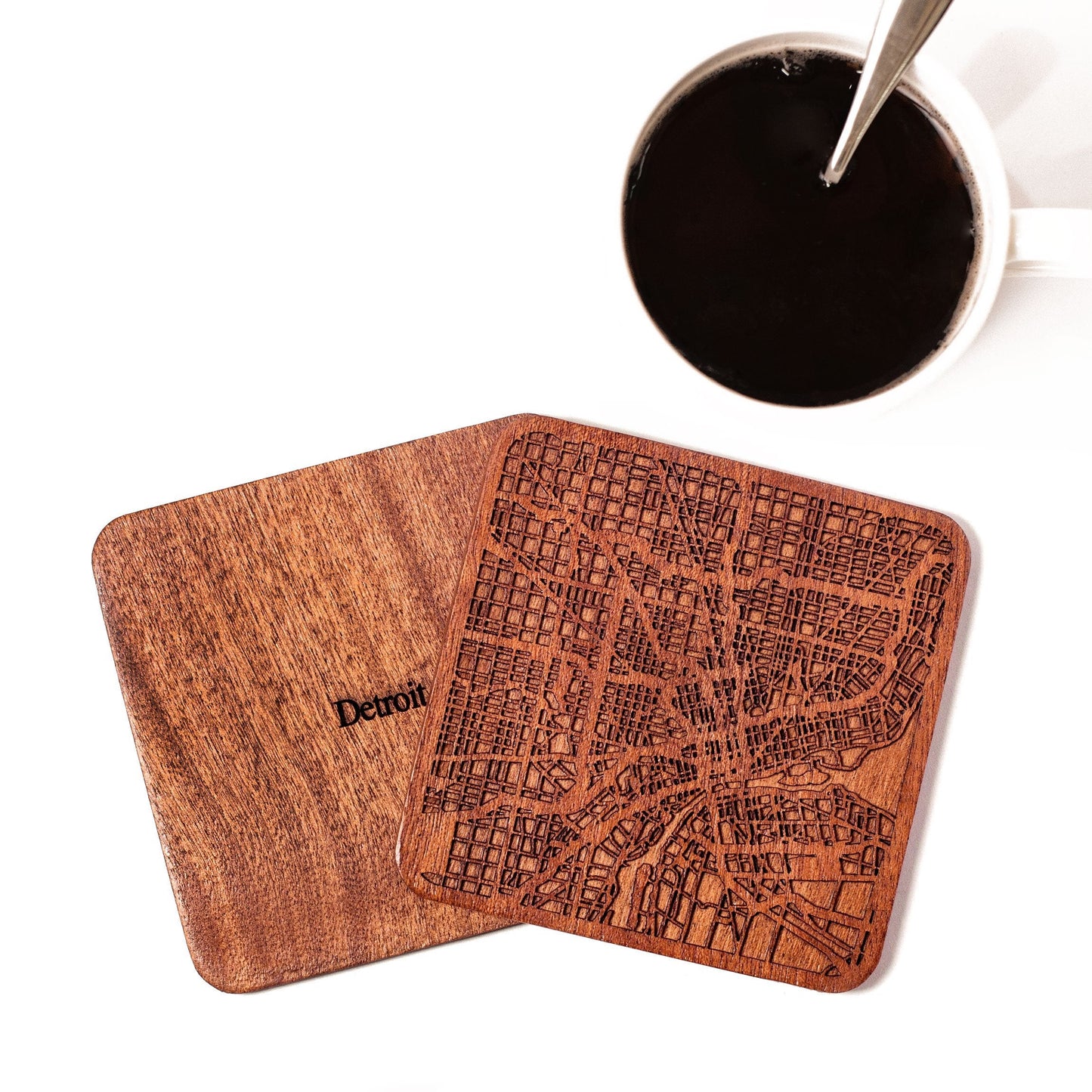 Detroit Map Coaster by O3 Design Studio, Set Of 4, Sapele Wooden Coaster With City Map, Handmade