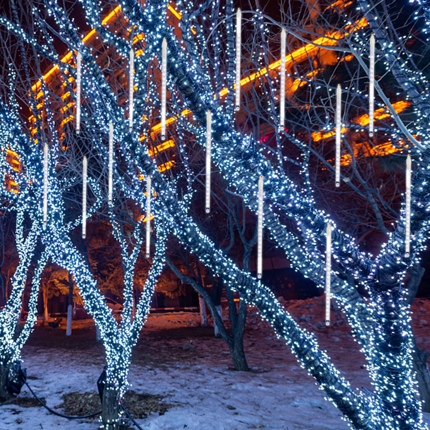 LJLNION Meteor Shower Lights, 12 Inch Outdoor Icicle Christmas Lights, 8 Tubes 288 LED Iciclelights Snow Falling Light, Connectable Raindrop Light, Xmas Wedding Party Tree Holiday Decor, White