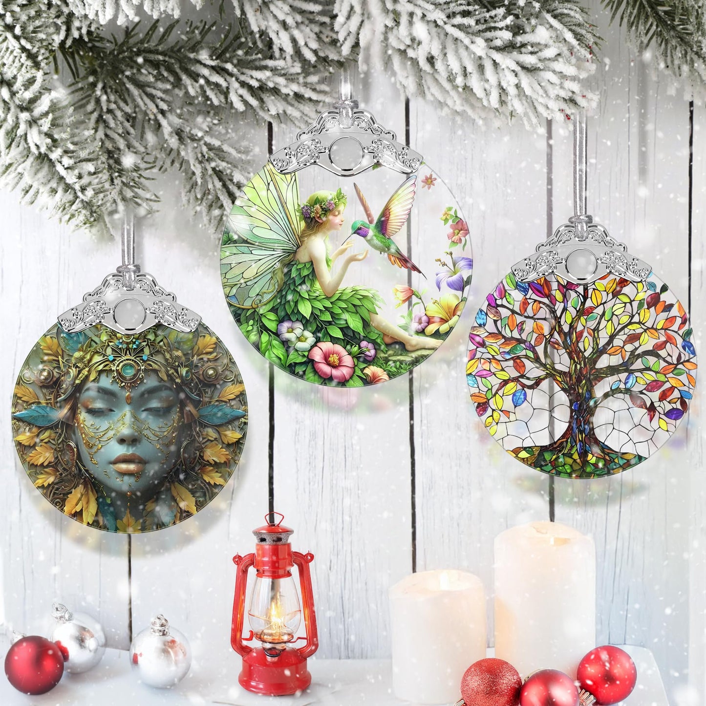 Jocidea Fairy & Hummingbird Christmas Ornament - Stained Glass Hanging Decor - Tree Decoration - Gifts for Women, Her, Mom