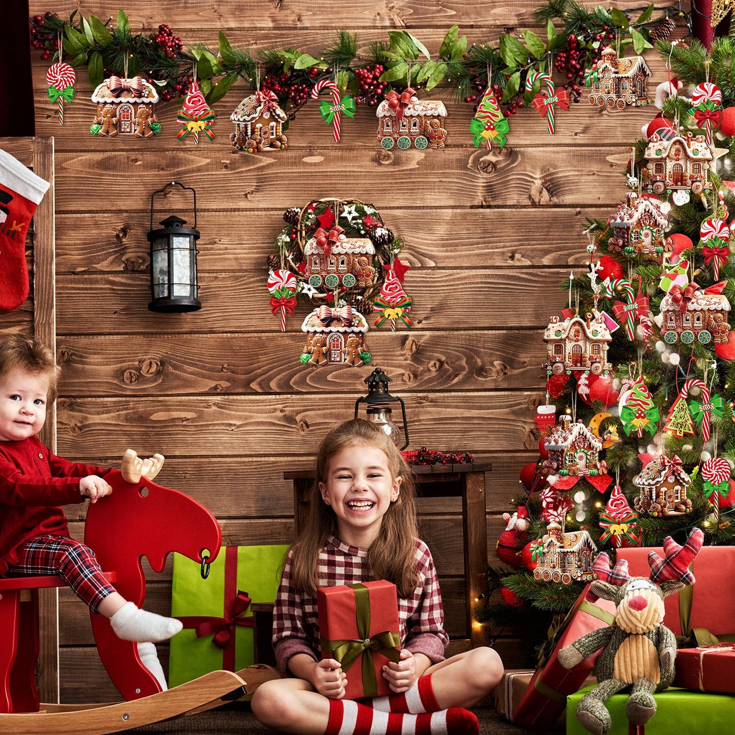 Roowest 36 Pcs Christmas Gingerbread House Ornament Set Wood Christmas Tree Ornaments Lollipop Flat Train Donut Cake Hanging Decorations Peppermint Ornaments for Xmas Tree Party Supplies