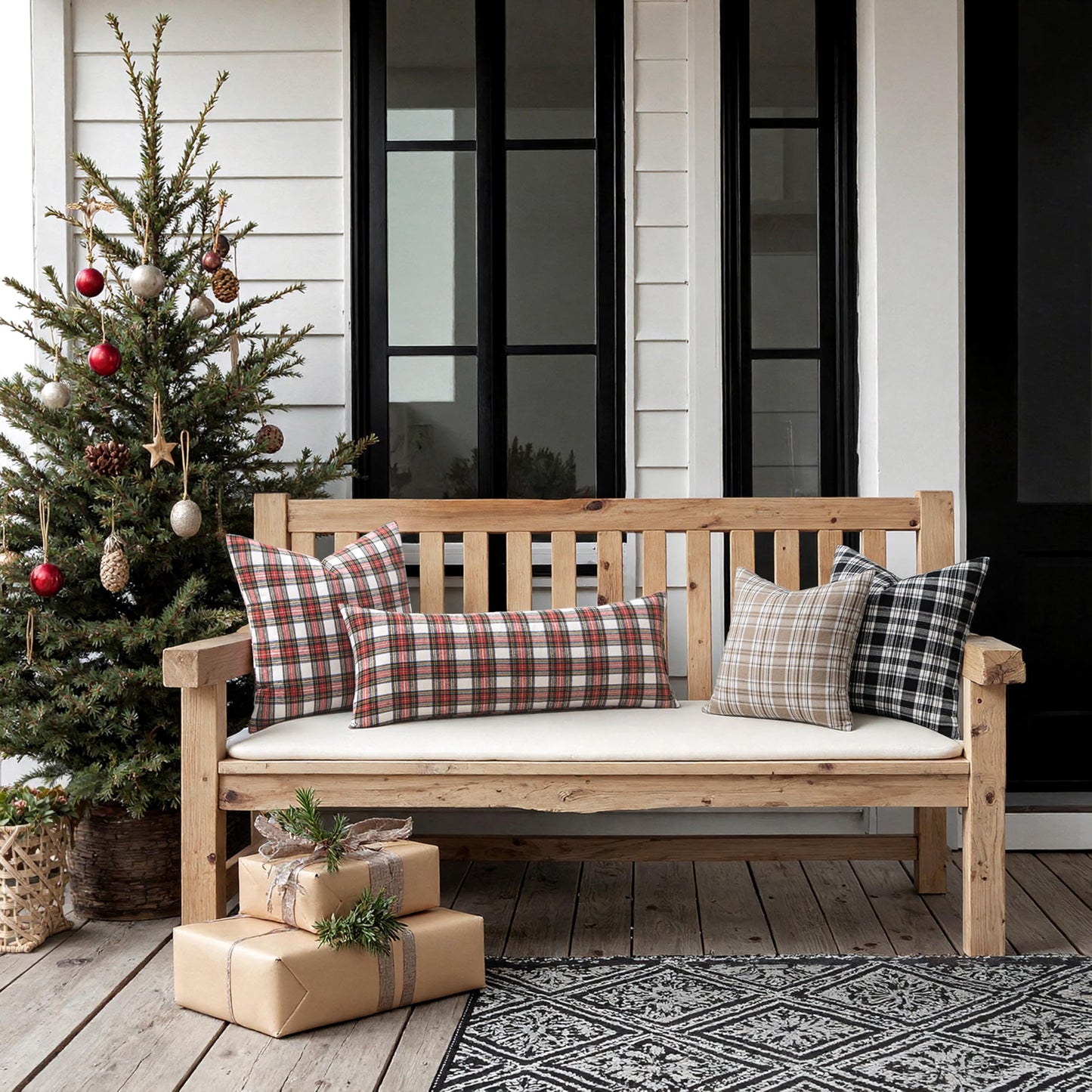 MIULEE Christmas Set of 2 Scottish Tartan Plaid Lumbar Throw Pillow Covers Farmhouse Classic Decorative Outdoor Cushion Cases for Home Decor Sofa Couch 12x20 Inch, Red and White