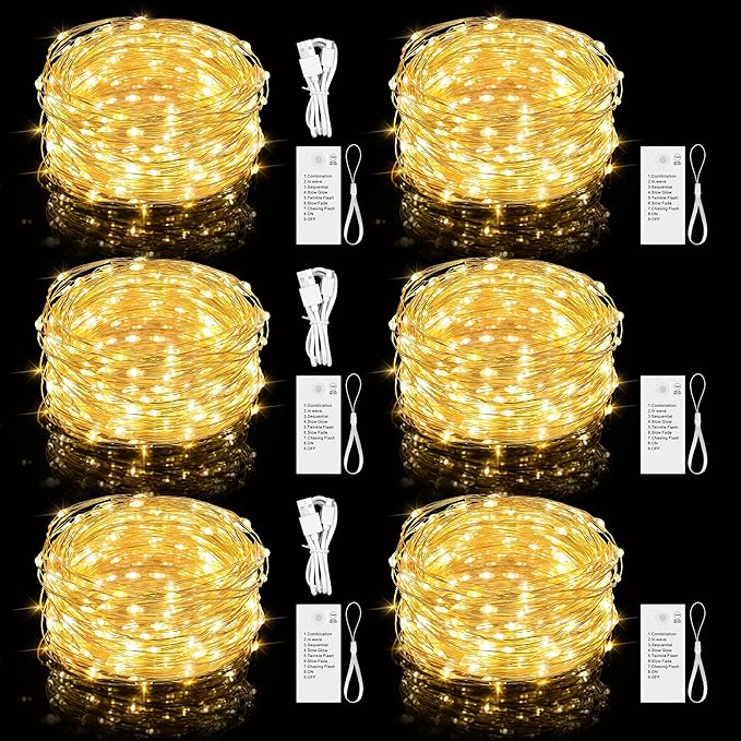Mlambert LED Fairy Lights Battery Operated with Timer, Rechargeable Mini Twinkle Lights for Christmas Decor Holiday Party, 98.4FT(16.4x6), Warm White