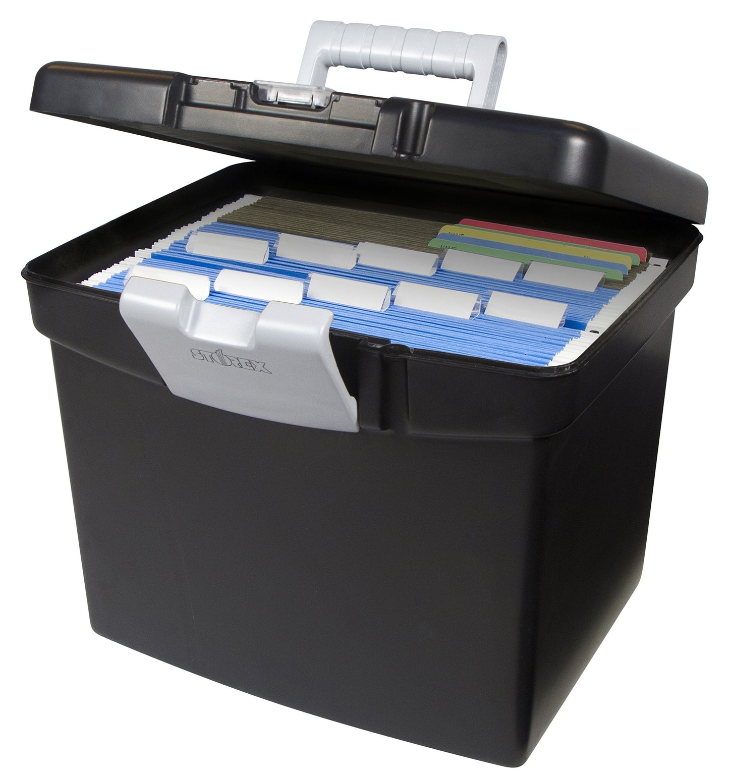 Storex 61504B02C Portable File Box with XL Lid, 11 x 13-1/2 x 11 Inches, Black