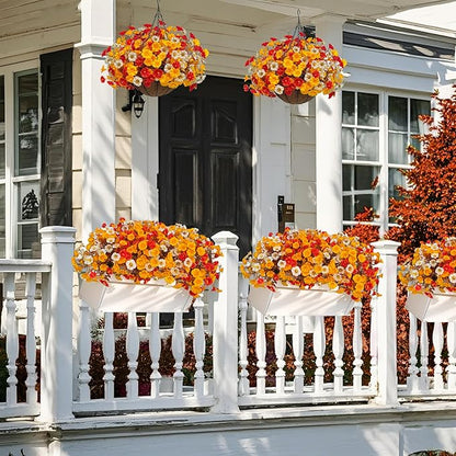 8PCS Artificial Fall Hanging Flowers for Outdoor, Fake Silk Petunias Plants, Fake Mums, Fall Outdoor Decoration, UV Resistant, Morning Glorias, for Home Garden Porch Decor (Early Harvest)