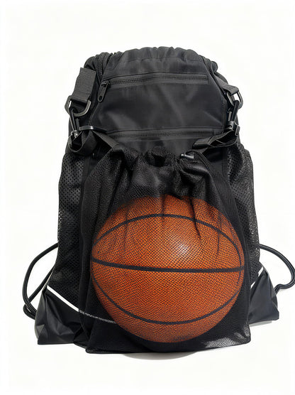 SSZYace Drawstring Basketball Backpack for Boys, Foldable Soccer Backpack with Detachable Ball Mesh Bag for Football Volleyball Baseball, Black