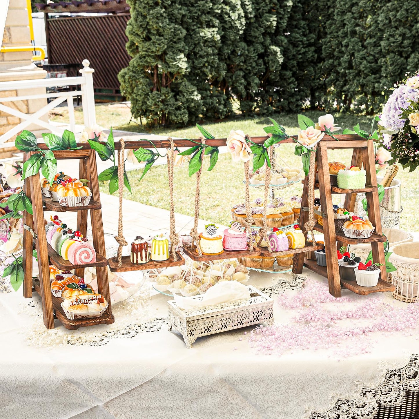 Wisreach Upgraded Large Wooden 3 Tier Swing Cupcake Stand with Flower Decor, Removable Trays, Foldable Ladder Display for Cake, Snacks, Fruit, Bread, Party & Catering Centerpieces