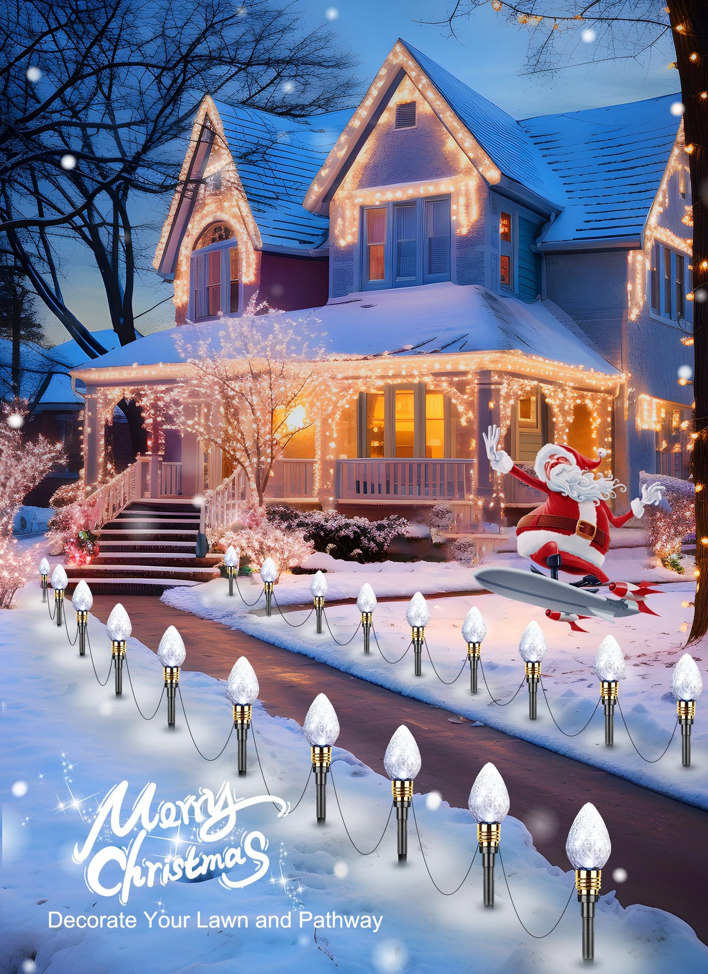 Brightown 2 Pack Strawberry C9 Christmas Pathway Lights Outdoor, Total 34.8 Ft 20 C9 Pathway Lights, Waterproof Connectable Christmas Walkway Light for Yard Ground Sidewalk Driveway, Pure White