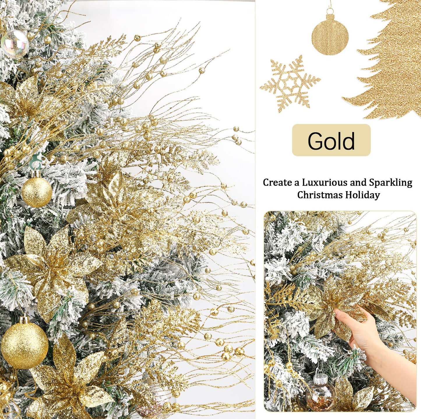 N&T NIETING 18Pack Christmas Tree Decorations Picks and Sprays, Artificial Flowers Glitter Berry Stems Twigs Branches Ornaments for Xmas Tree Vase Filler Holiday Wedding Party Home Decor (Gold)