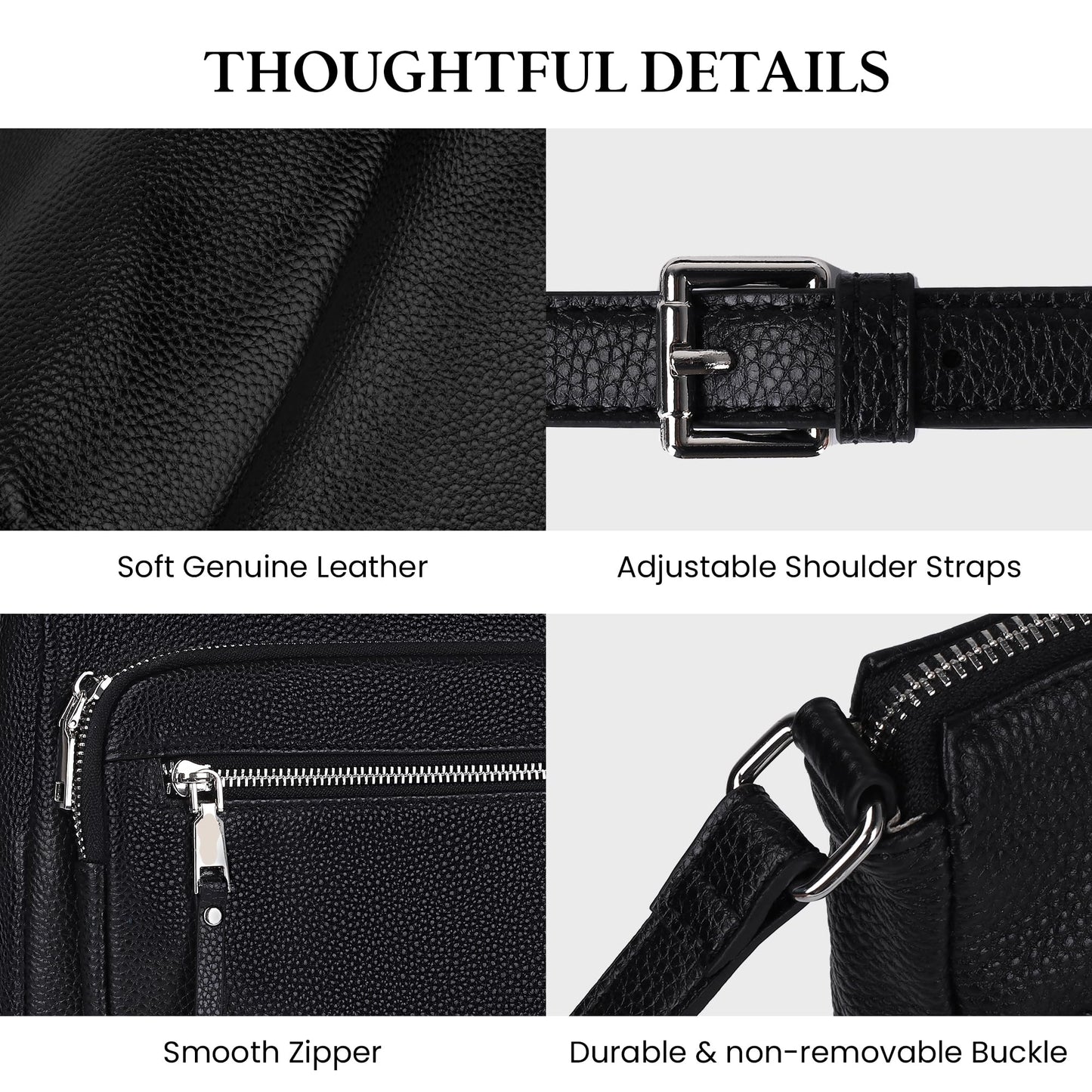 befen Genuine Leather Crossbody Bags for Women, Black Leather Purse with Built in Wallet, RFID Blocking Womens Handbag Shoulder Bag with Multi Zipper Pockets