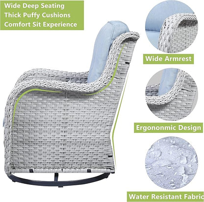 Rilyson Wicker Rocking Chair Swivel Chairs - 3 Piece Rocker Patio Furniture Set Rattan Rocking Bistro Sets with Glass Top Side Table for Outdoor Porch Deck Garden Backyard (Light Grey/Sky Blue)