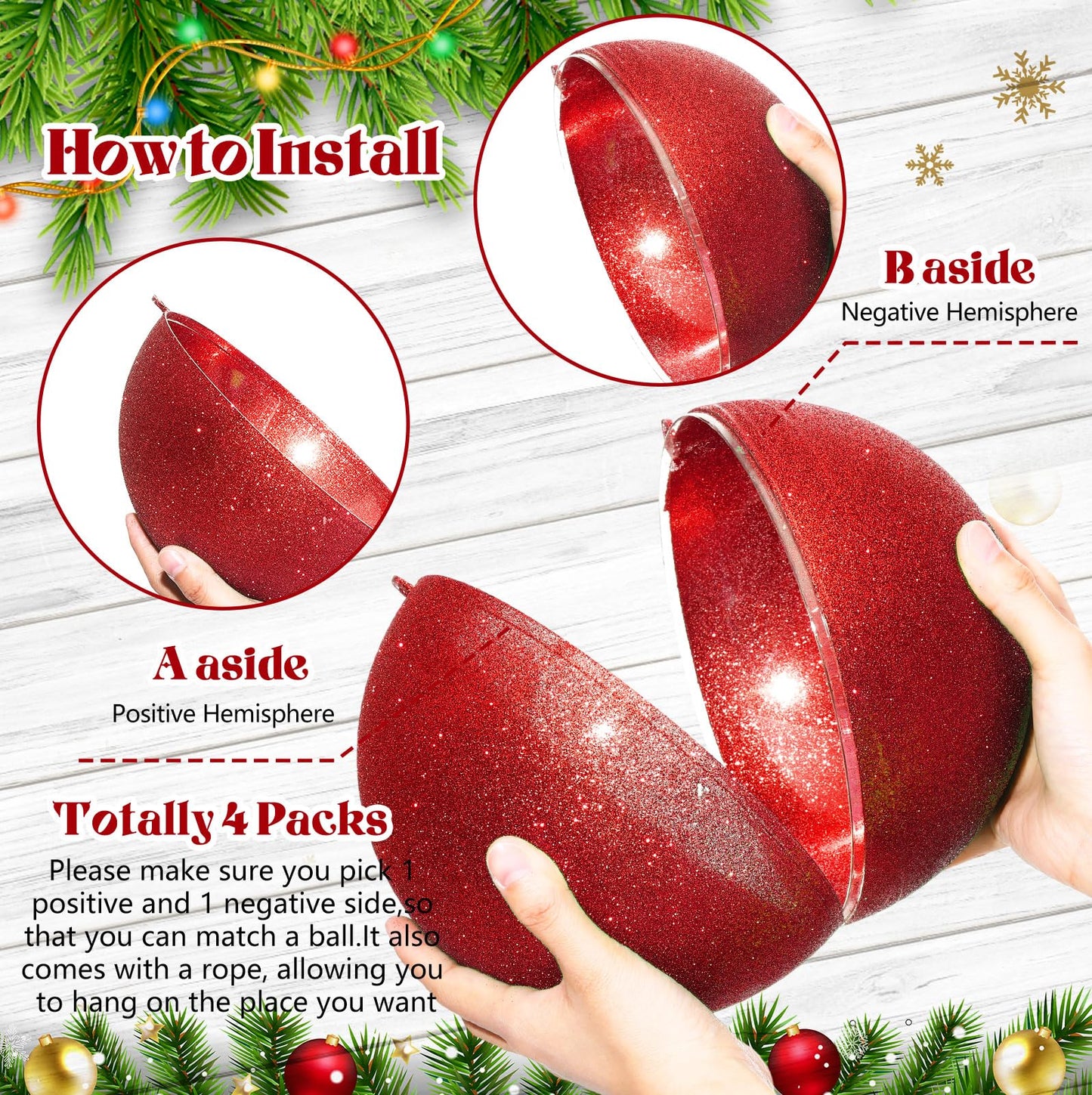 Zubebe 2 Pcs 8" Giant Fillable Christmas Ornaments with Ribbons Oversized Plastic Xmas Balls for Outdoor Lawn Yard Decor, Tree Hanging, Holiday Gifts(Glitter Red)