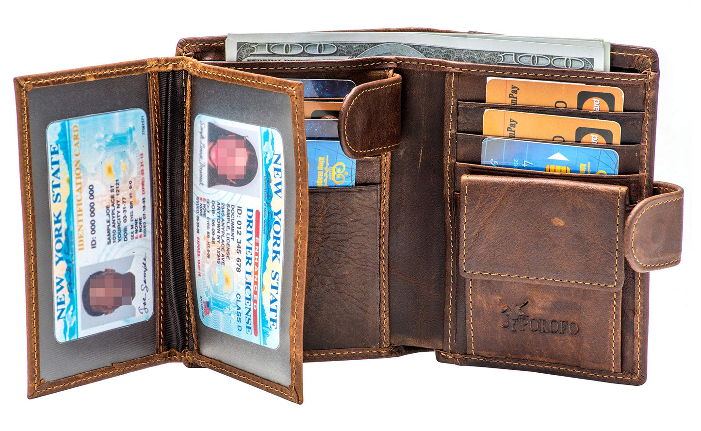 POKOFO Large RFID Genuine Leather Card Holder Trifold Wallet Snap Closure 3 ID Windows for men (Coffee)