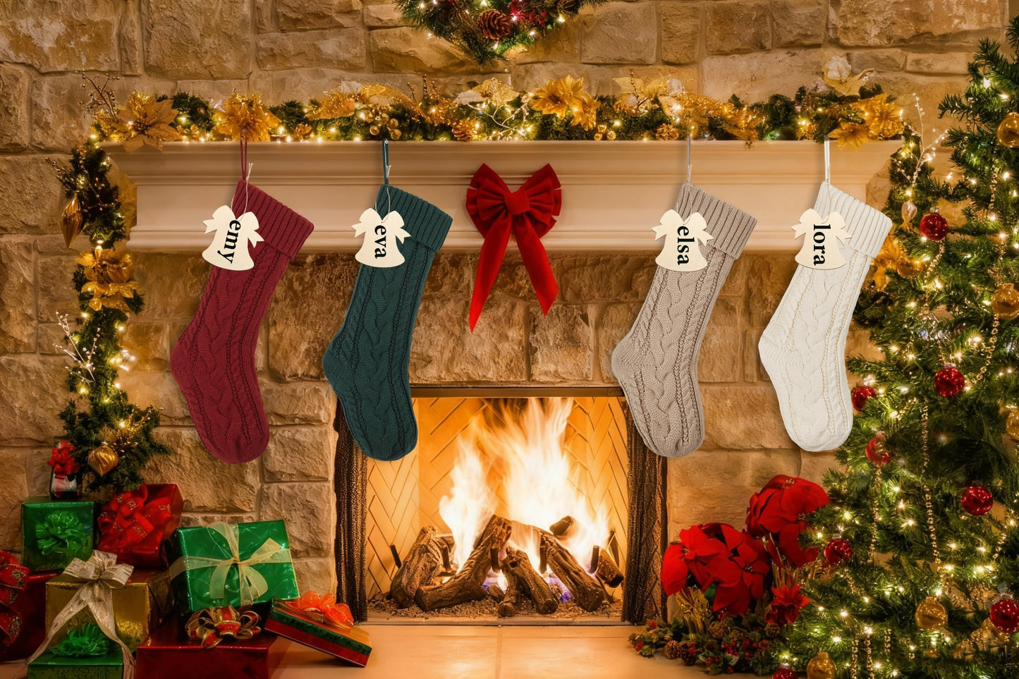 Galetcy Christmas Stockings 4 Pack, Knitted Christmas Stockings 18" Xmas Hanging Stocking Decorations with Personasized Name Carfts for Gifts
