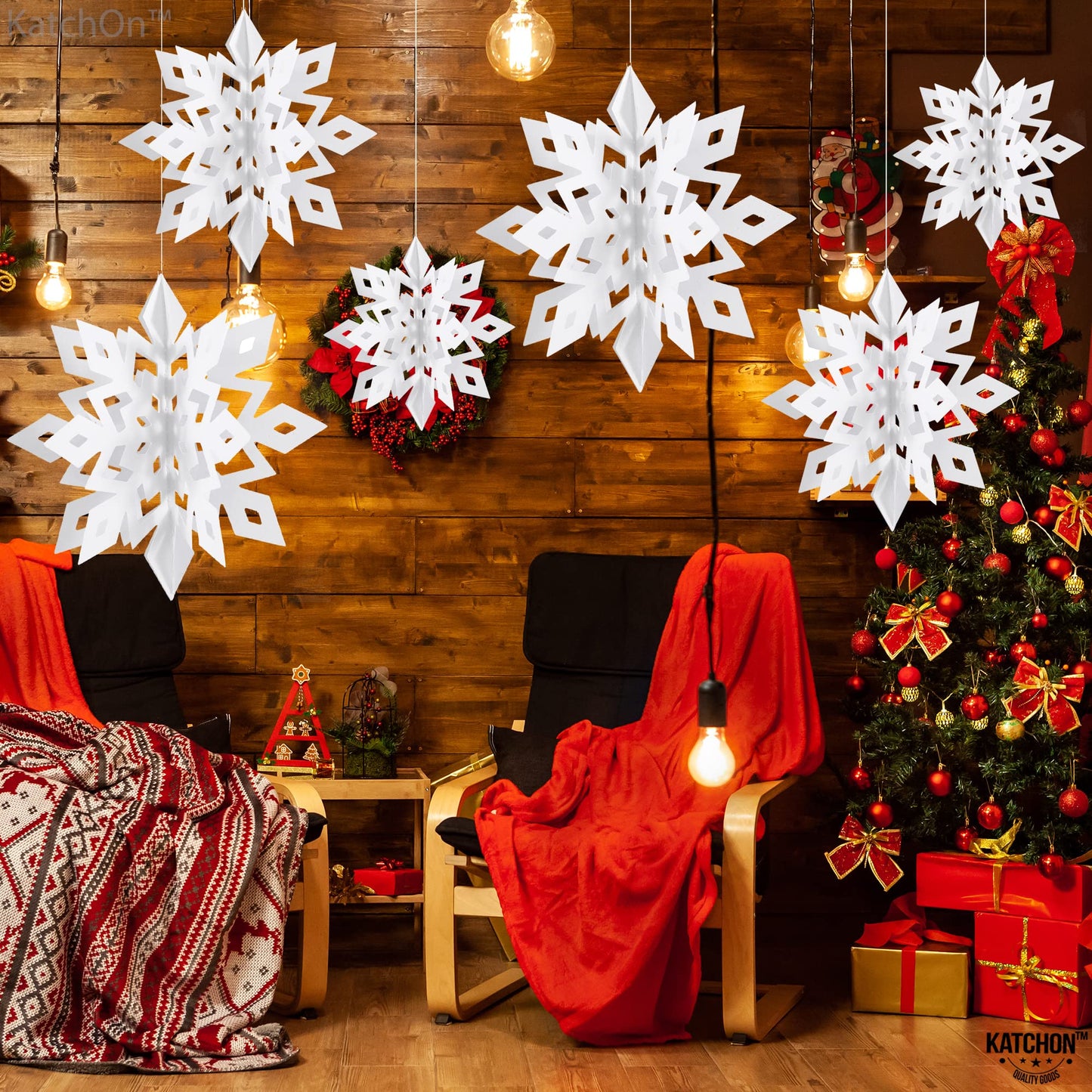 KatchOn, 3D White Hanging Snowflakes from Ceiling - Pack of 6 | Christmas Hanging Snowflake Decorations | Snowflake Garland | Paper Christmas Decor Indoor | Snowflakes for Winter Decorations