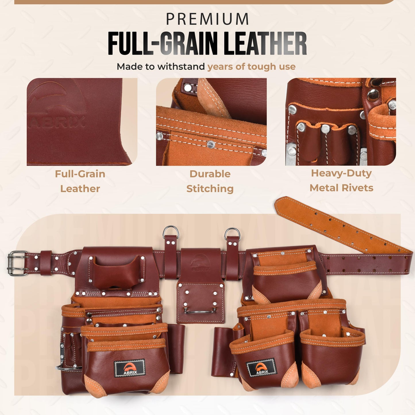 ABRIX Heavy Duty Tool Belt for Men – 4MM Thick Genuine Leather, Brass Buckle & Rivets | Foam Padded Comfort | 28-Pocket Carpenter & Framing Rig with Suspender | Work Belt Fit upto 32" to 52"