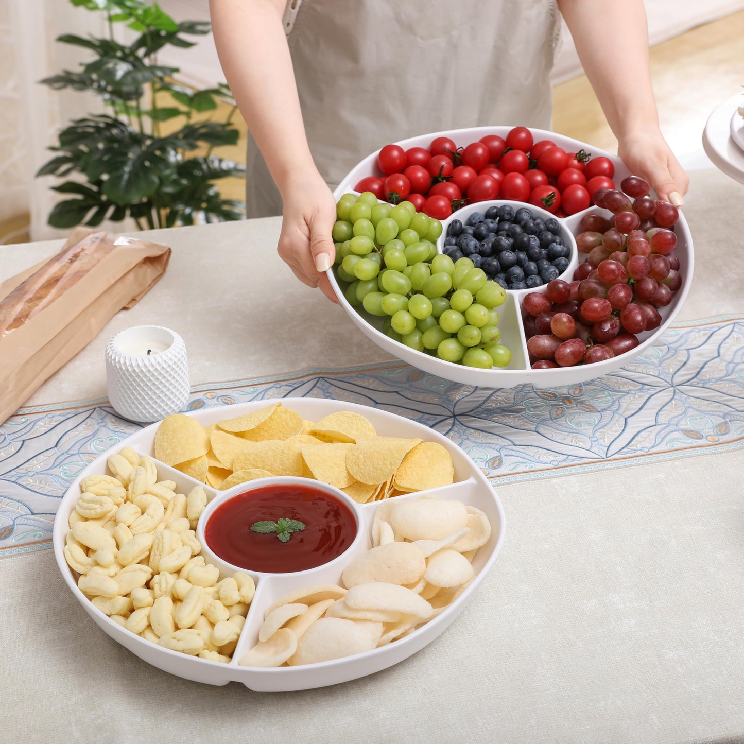 ZAROCRUS White Chip and Dip Serving Set, Divided Serving Platter Set, 4 Section Appetizers and Cheeses Serving Tray, Compartment Dishes for Party, Christmas, Dessert, Fruit, Candy, 13-inch, Set of 2