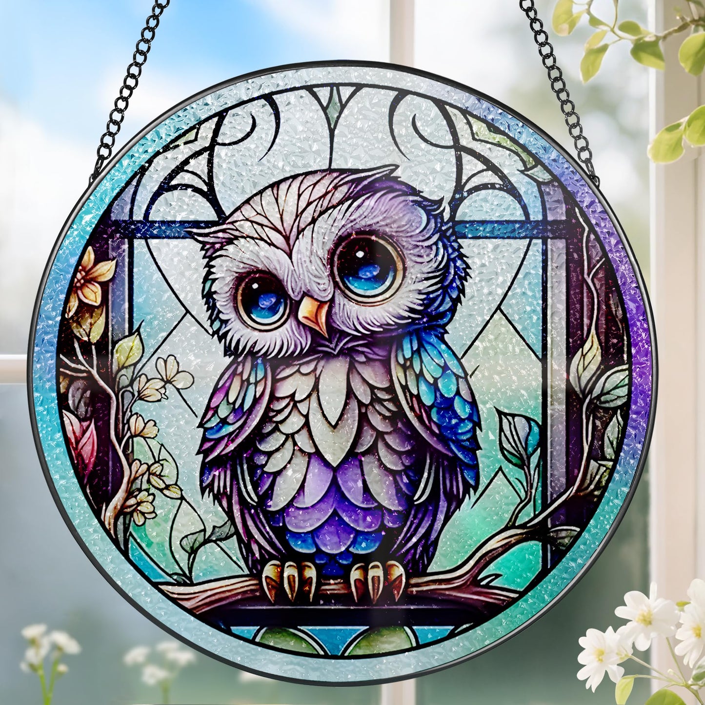8 Inch Stained Glass Suncatcher Ornament, DOUHASU Owl Sun Catchers Indoor Window, Stained Glass Window Hanging, Home Decor, Owl Lovers Gifts for Women, Men, Friend, Relative