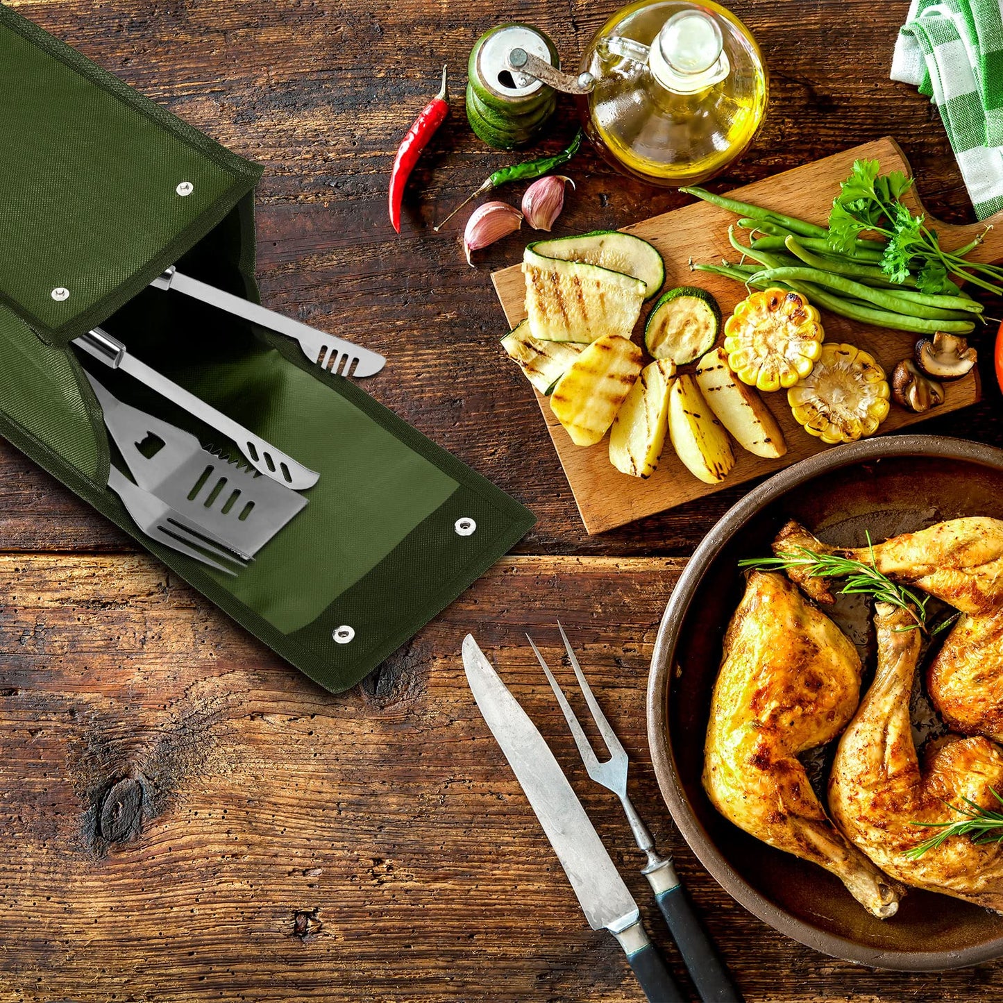 Amylove 1 pcs Grill Utensil Storage Bag BBQ Tool Storage Bags Barbecue Hardware Tool BBQ Utensil Holder Pouch Oxford Cloth Accessory Foldable for Camping Hiking (Amy Green)