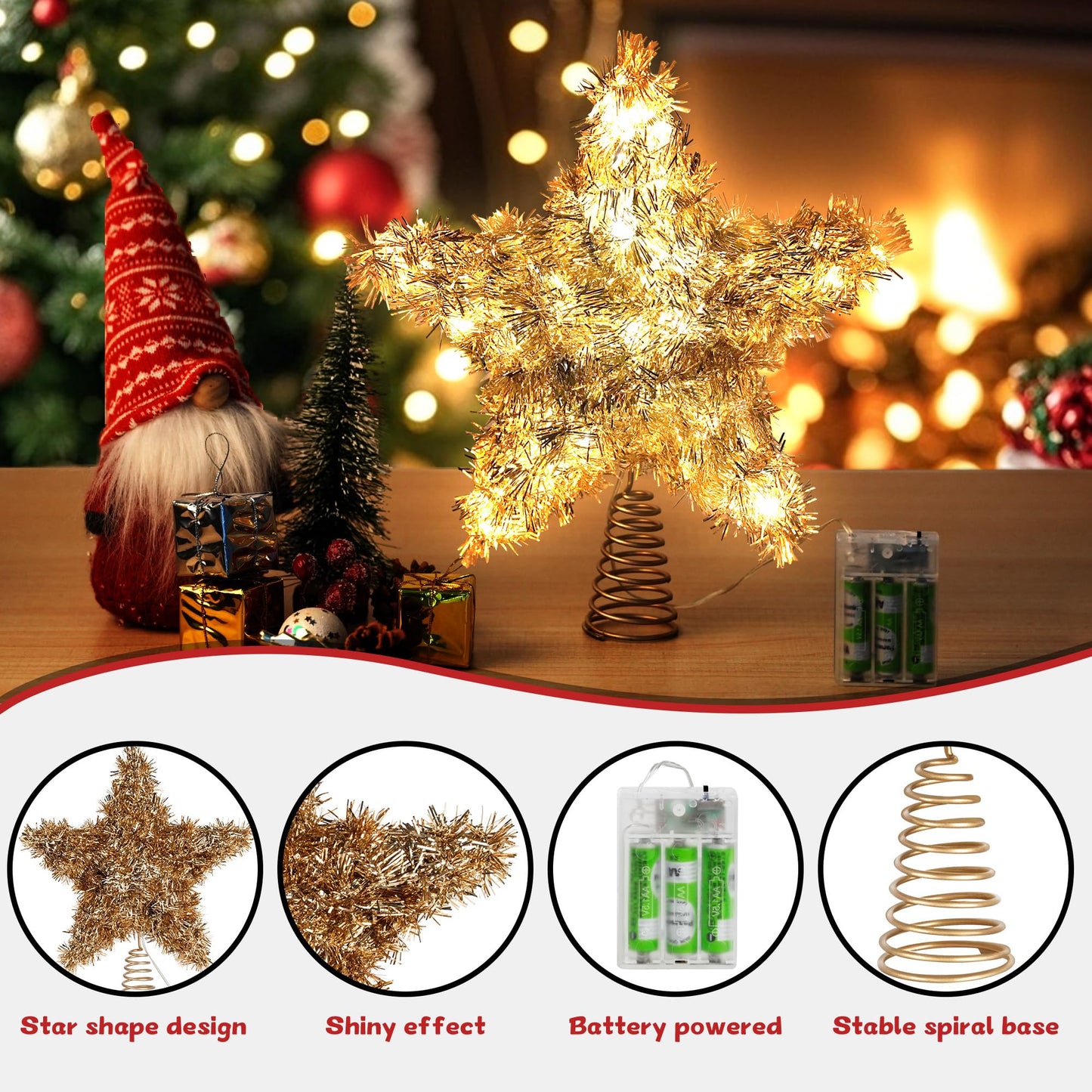 Joytry Christmas Tree Topper Star Shiny Gold Tinsel Star Tree Topper 10 Inch Lighted Tree Topper Battery Operated Christmas Tree Decoration for Holiday Indoor Decoration Warm White Light