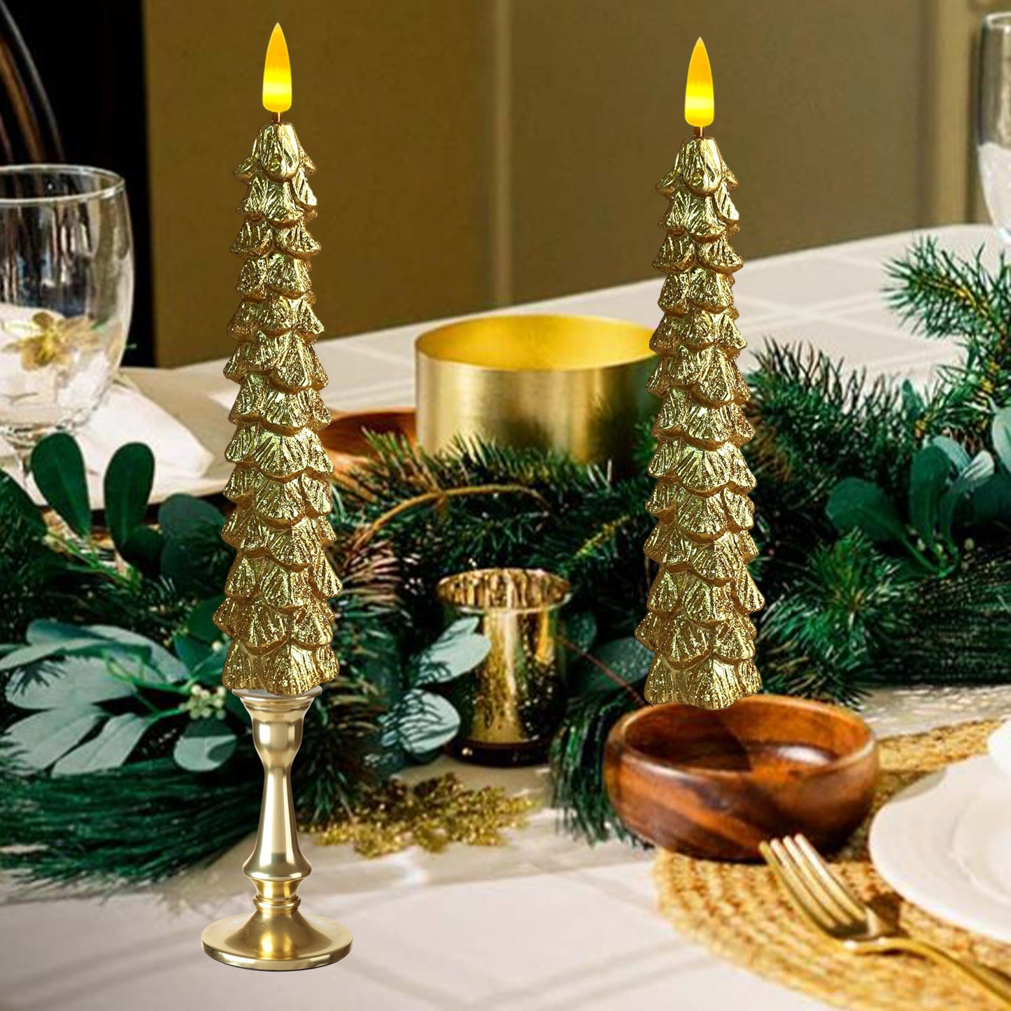 XINAOBAOLUO 10 in Gold Christmas Tree Flameless Candle Window Candles with Remote Timer Battery Operated Taper Candle LED Taper Candles Set of 2