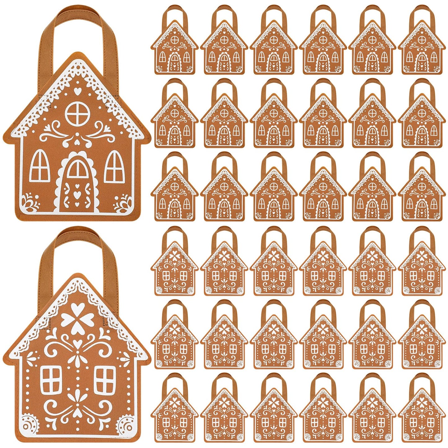 Silkfly 48 Pcs Non Woven Gingerbread House Christmas Tote Bags with Handles Gingerbread House Shape Gifts Candy Goodies Treats Bags for Xmas Holiday Party Favors