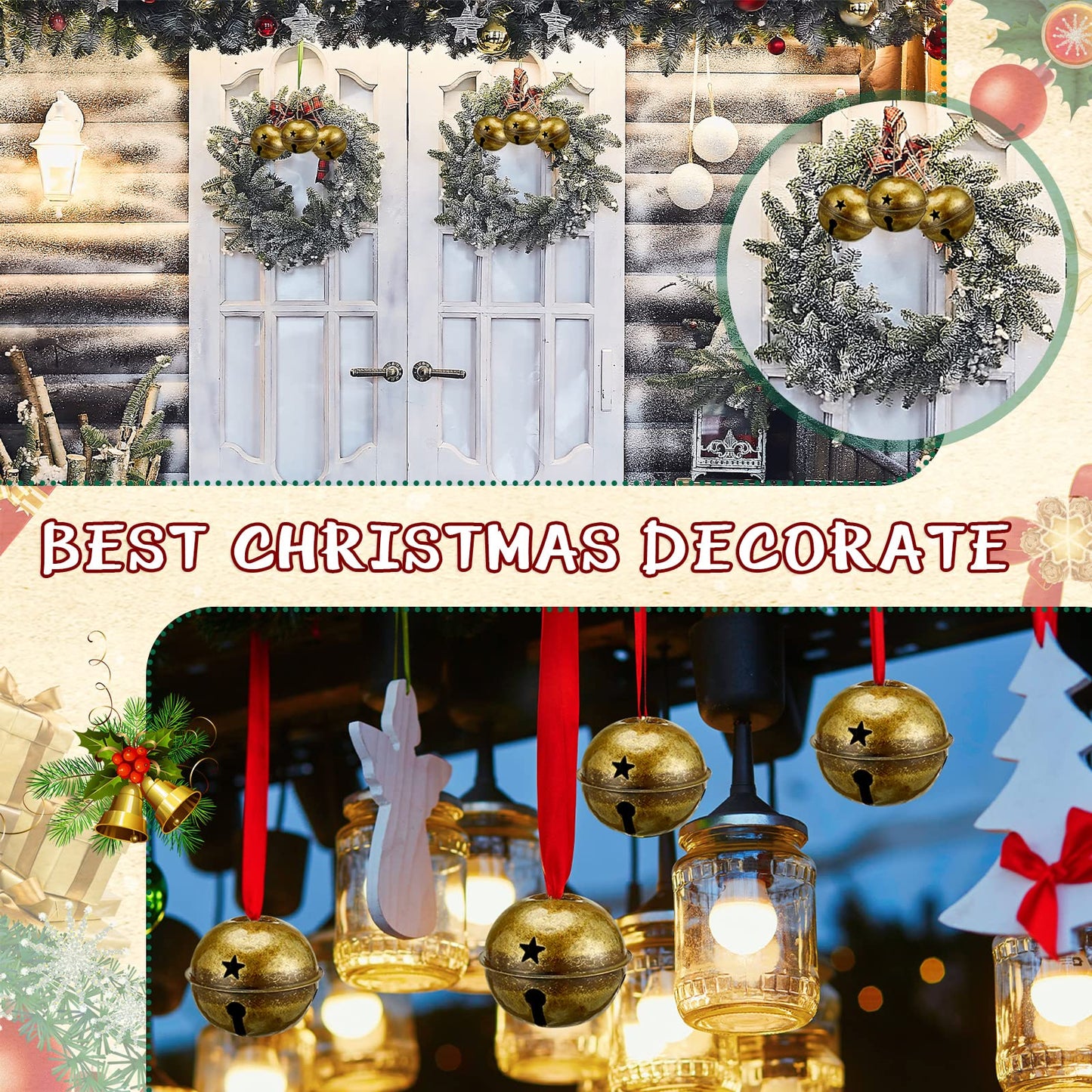 Zhengmy 8 Pcs Jumbo 3.15'' Christmas Star Cutouts Bells for Craft Large Bells Xmas Ornament Christmas Tree Decor (Brass)