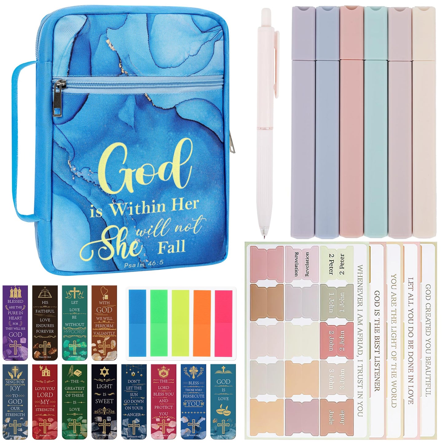 INCOK Bible Journaling Supplies - Bible Journaling Kit God is Within Her Blue Bible Case Bag Tabs Magnetic Bookmarks Gel Pens No Bleed Highlighter Index Tabs Christams Christian Gift for Women