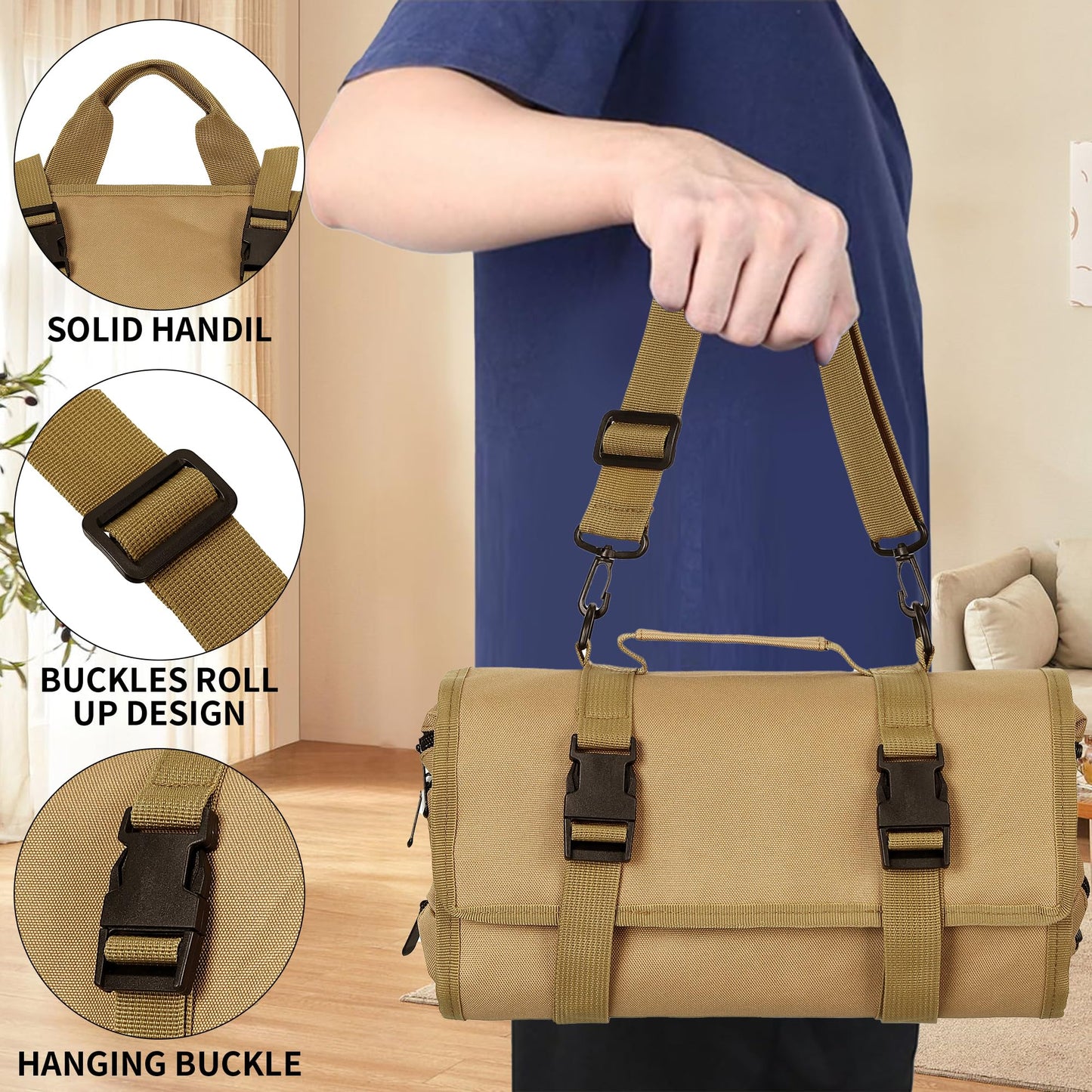 Tool Bag,Gifts for Men,Roll Up Tool Bag, Rollable Carrying Toolbag,Heavy Duty Tool Organizer, Foldable Empty Rollup Organizer with 2 Small Pouches (Khaki)