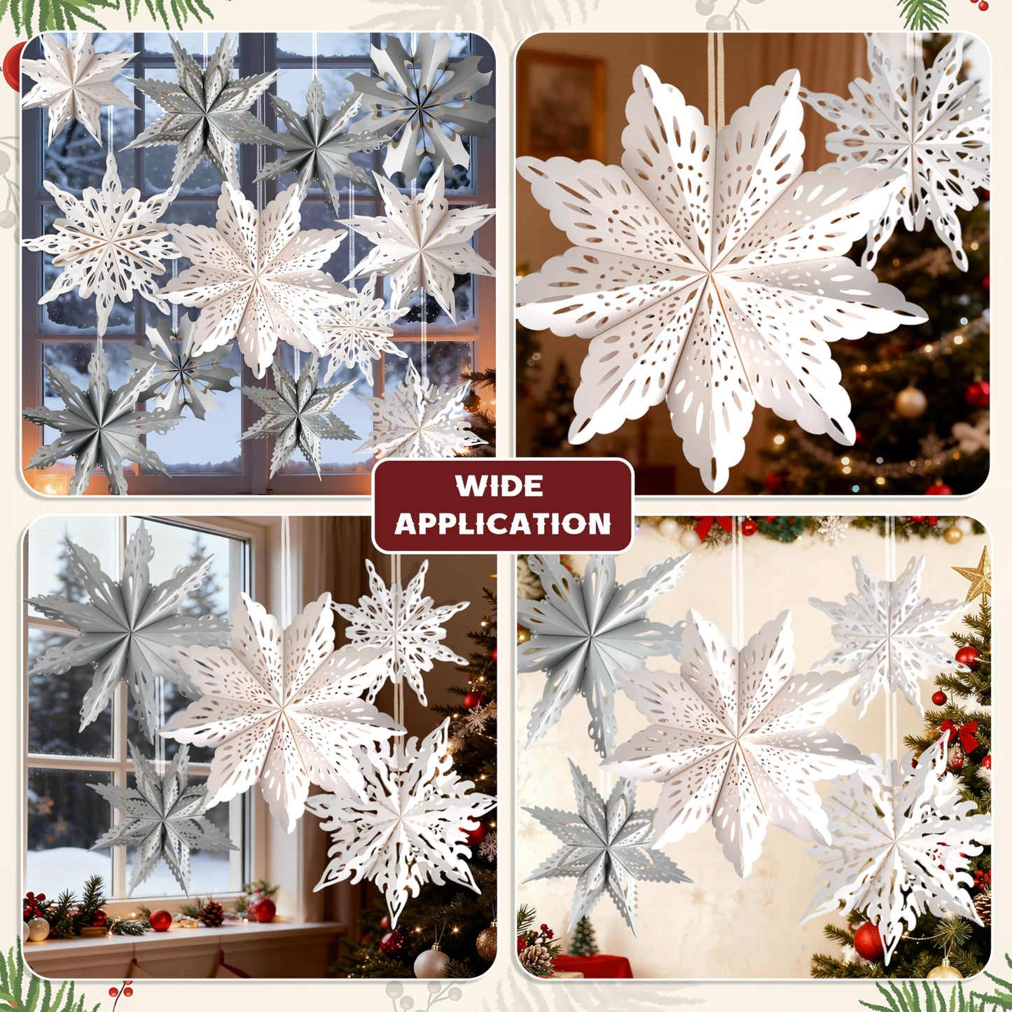 12 Pcs Christmas Paper Snowflake Lanterns, 3D Christmas Paper Star Lanterns with LED Lights, 10/12 Inch White Silver Hanging Snowflake Lamps for Xmas Winter Frozen Weddings New Year Party Decorations