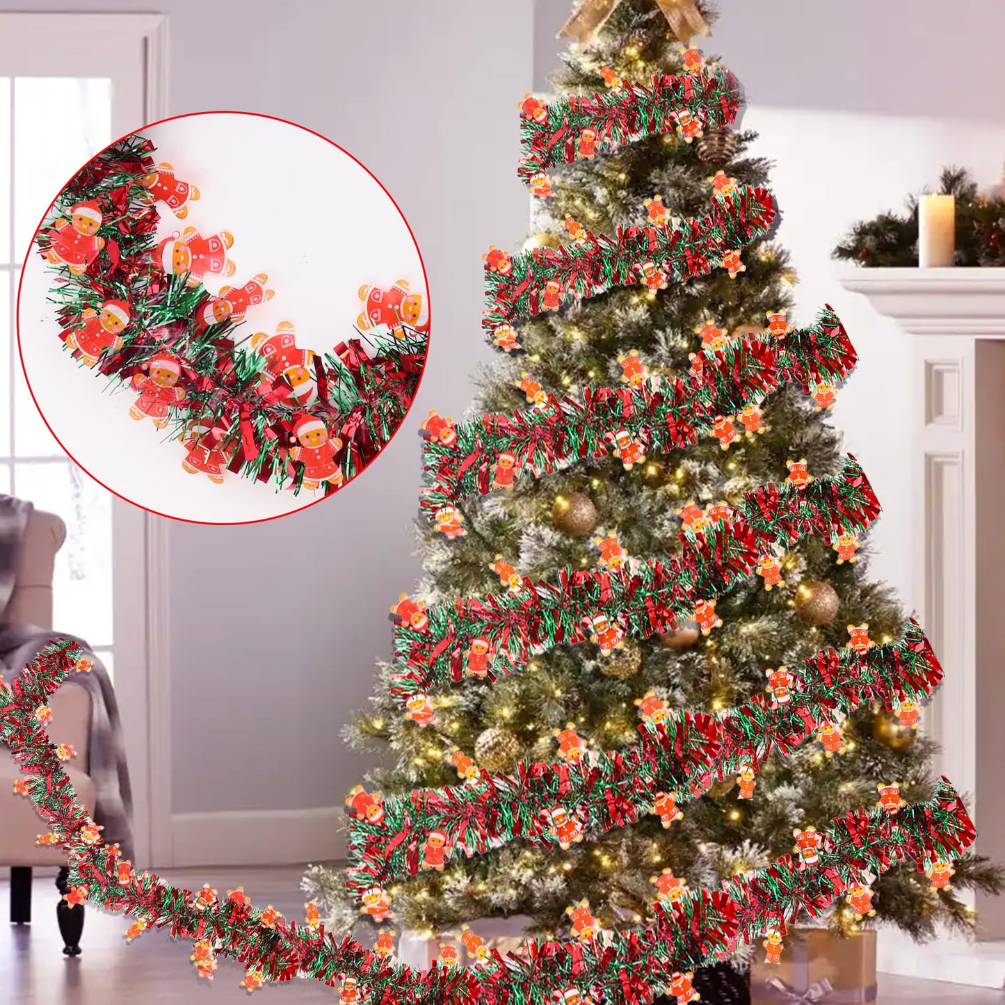 Christmas Garland Decorations 33 FT Red Green Christmas Tinsel Garland with Gingerbread Man Ornaments, Metallic Christmas Tree Garland Indoor Outdoor for Home Mantle Fireplace Xmas Holiday Party Decor