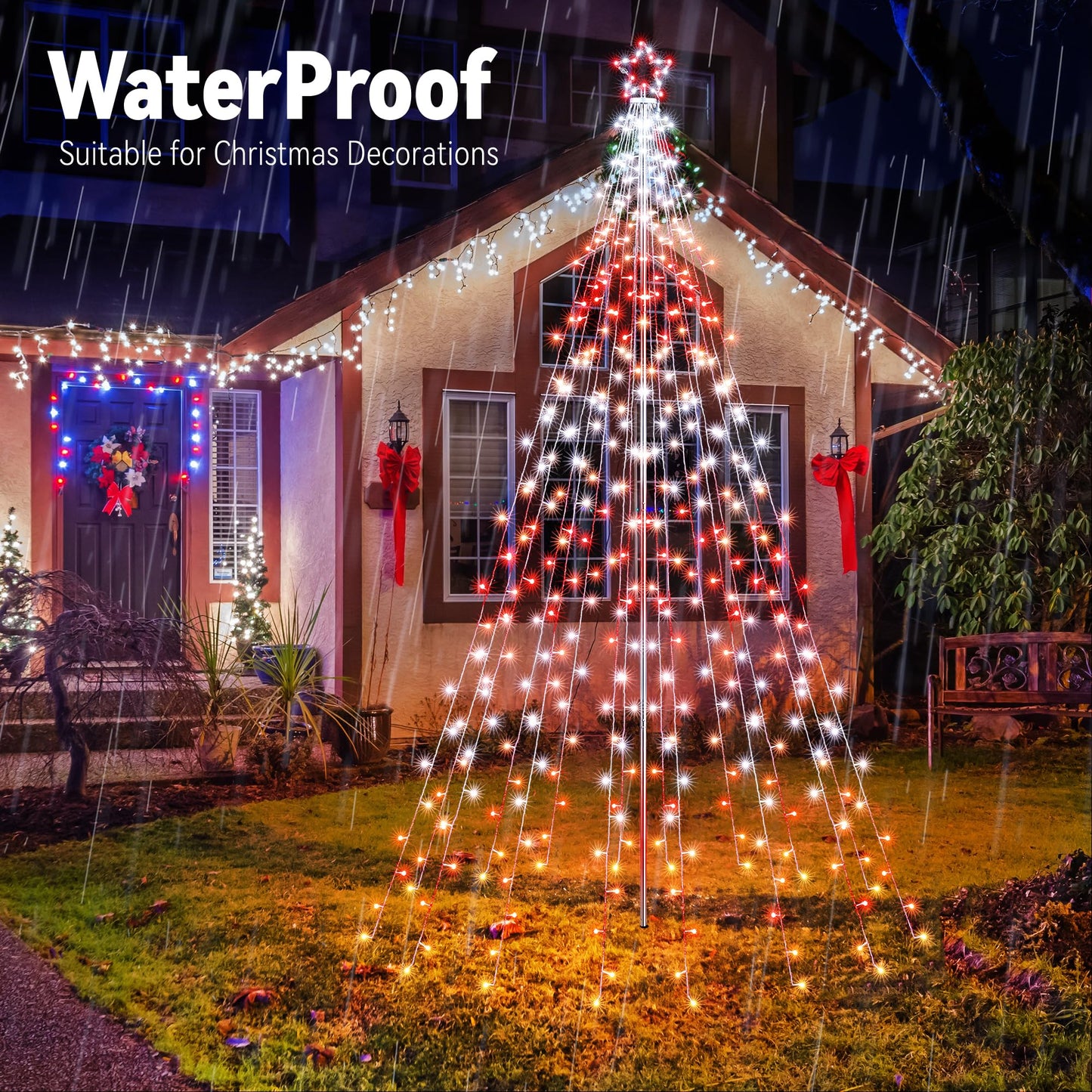 Flacchi Outdoor Star String Lights - Pole Set with Remote, Multiple Lighting Modes, Timer, and Waterproof Feature for Ultimate Holiday Decor (RGB, 10 FT/408LED)