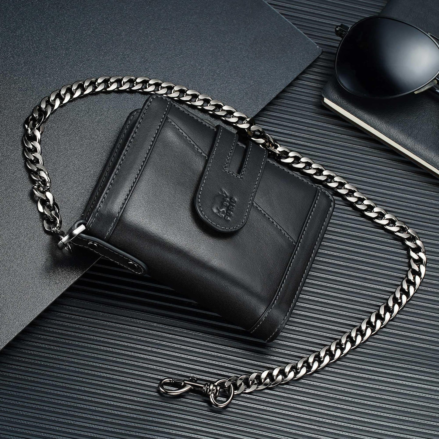 furid Genuine Leather Chain Wallet: Bifold Zipper Coin Pocket with Anti-Theft Chain - RFID Blocking Biker Wallet for Men - Gift for Father Husband Motorcycle Outdoor Use