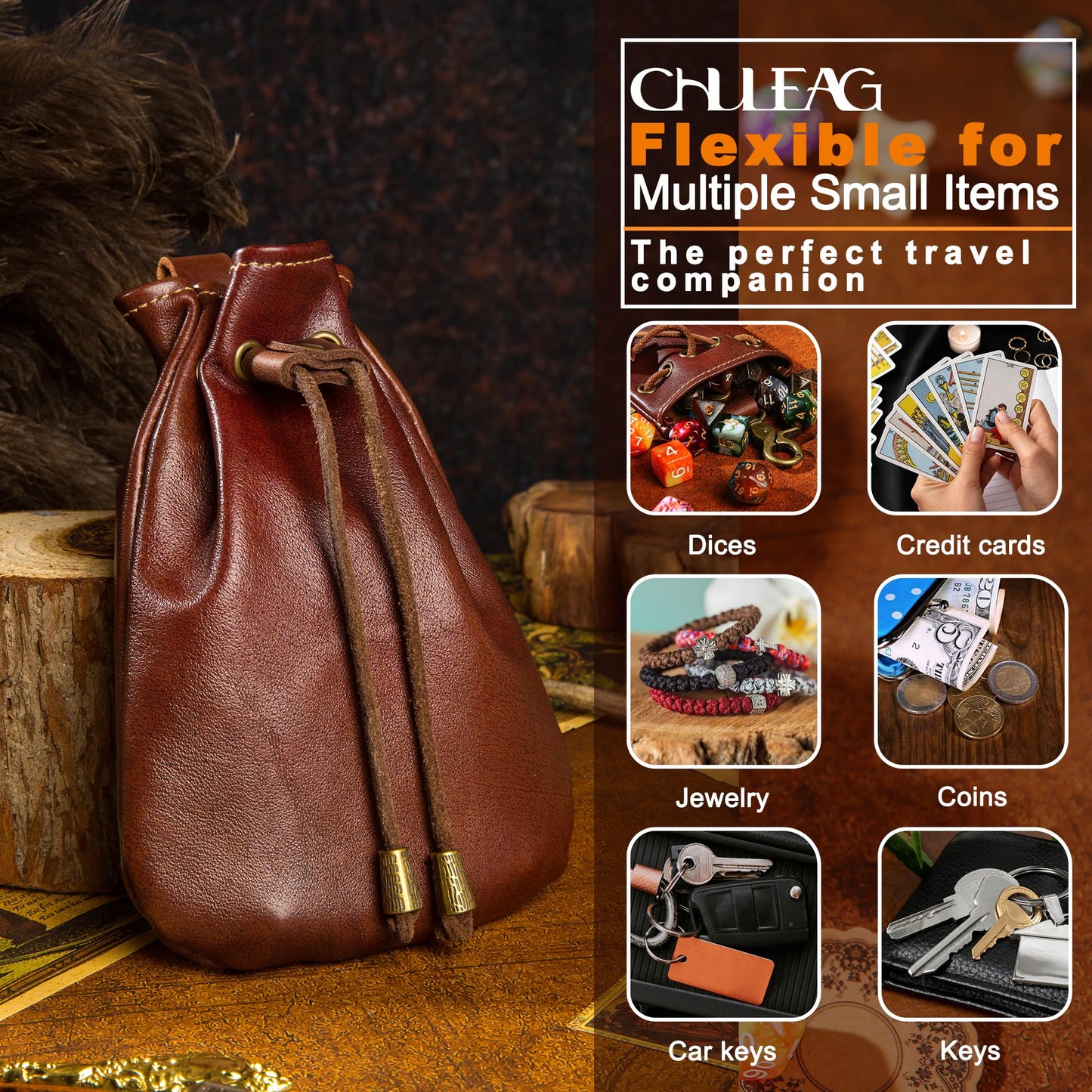 CHULEAG Vintage Medieval Drawstring Belt Pouch, FULL-GRAIN Leather, handmade, portable coin&dice purse with keychain. (Big)