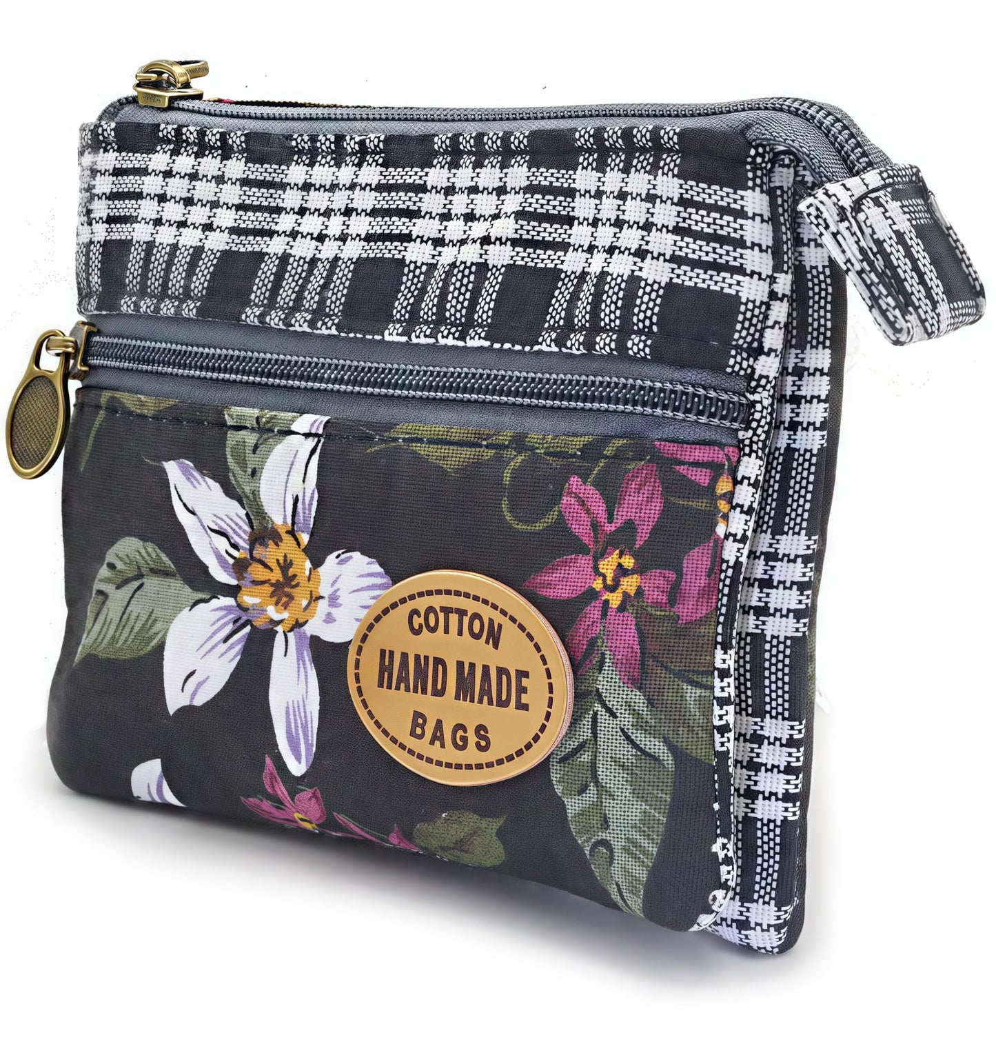 GUXL Women Small Zipper Coin Purse, Handmade Fabric Flower Embroidered Change Pouch, Cotton Double Zipper Wallet