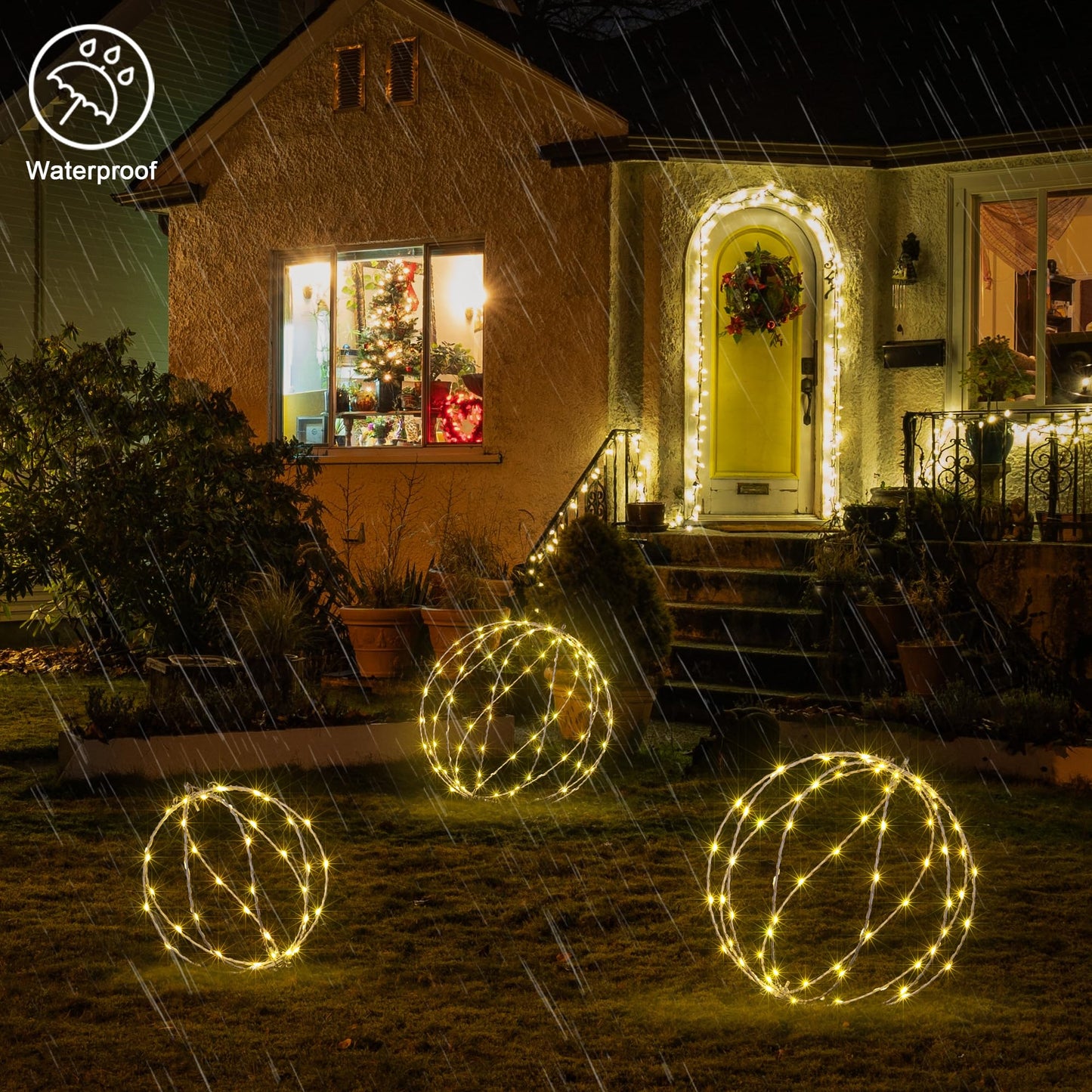 Lightshare 248LED 12IN+16IN+20IN Light Ball Yard Decoration Pathway Lights White Sphere Light Fold Flat Metal Frame Indoor Outdoor Waterproof Garden Lights, Plug in(Set of 3)